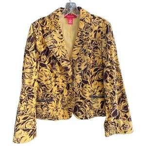 Boho Velvet Blazer Sz 12 Yellow & Brown Floral A-LINE Jacket Zip Front Pockets